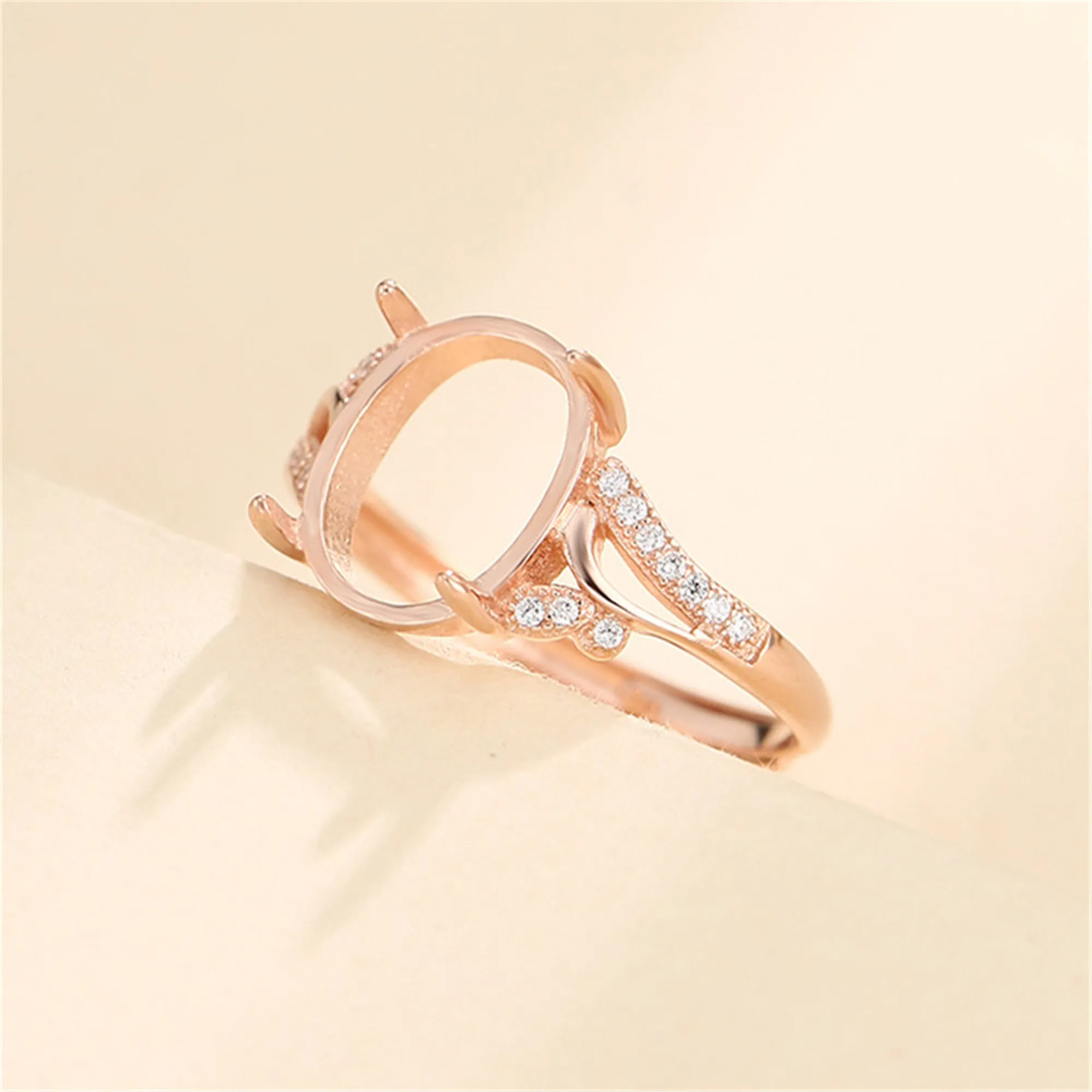 

Ring Blank for 6x8mm/7x9mm/8x10mm/10x12mm/11x15mm Oval Cabochons Rose Gold Plated 925 Silver Zircon Adjustable Ring Base SR0490