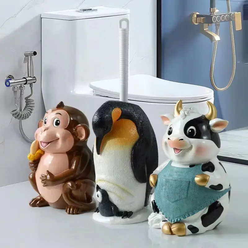 Creative Cartoon Sitting Frog Toilet Brush Holder Set Resin Base Home Hotel Bathroom Cleaning Tool Decoration Statue