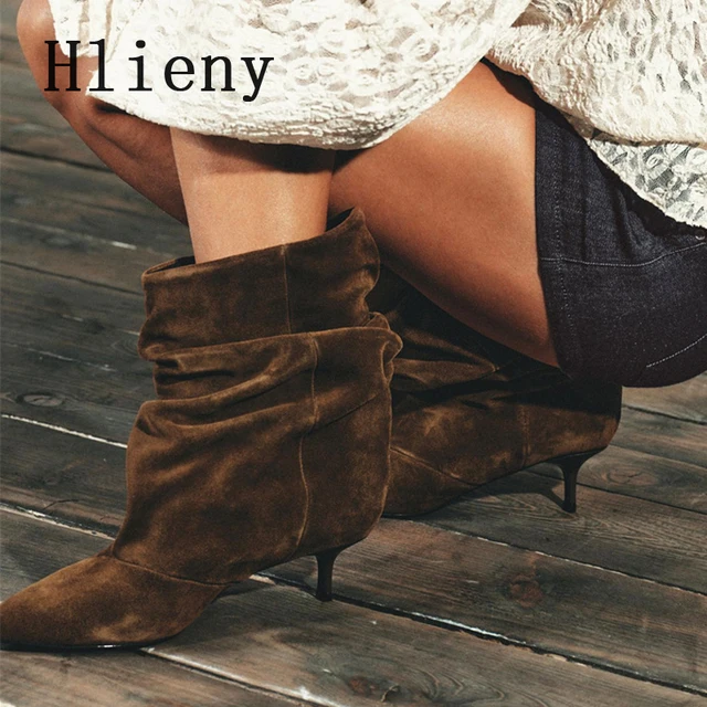 Liyke Winter Pleated Suede Women Shoes Pointed Toe Low Thin Heels Female Brown Retro Elegant Designer Ankle Boots Bottes Femme 5