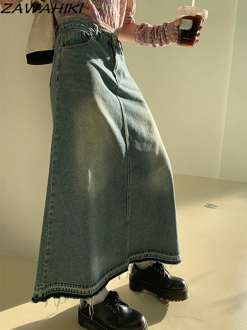 

French Retro Denim Midi Skirt Vintage High Waist Ankle Skirt Solid Embroidery Ruffle Summer Dress High Street Blue Denim Dresses