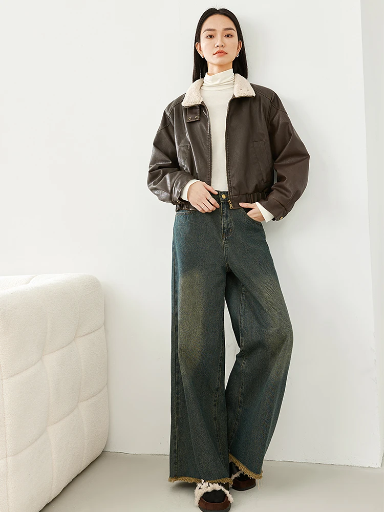 Vimly Lapel Zipper Leather Jacket Ladies 2023 Winter Thick Warm Long Sleeve Cropped Jackets Casual Loose Women's Outerwear 16385