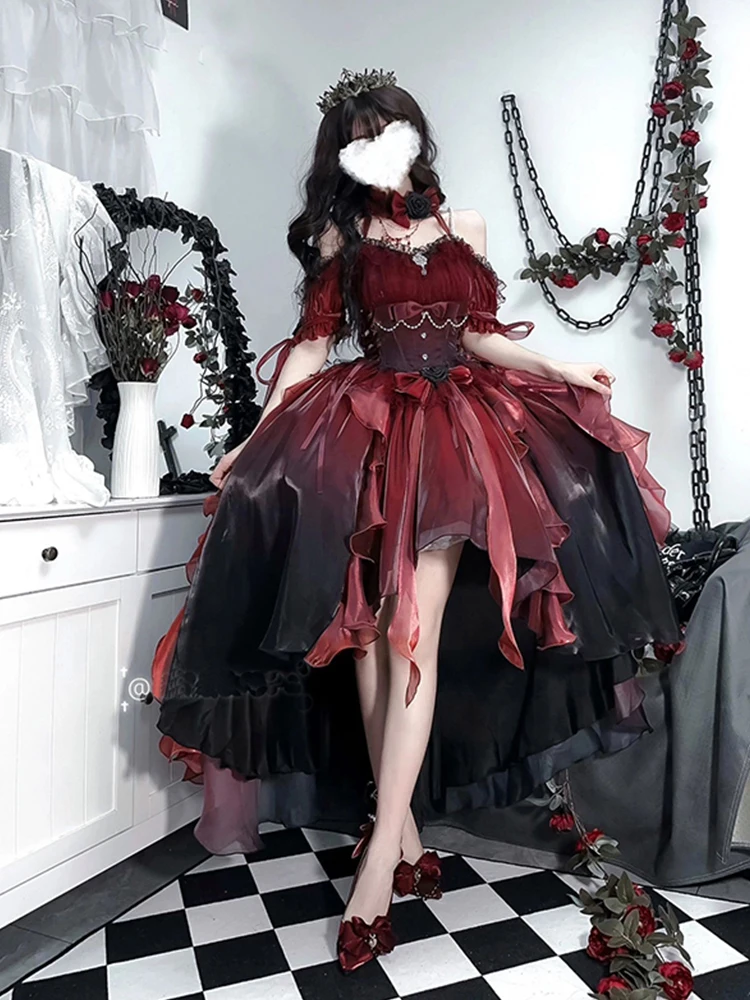 Grande et belle robe de mariée à fleurs rouges pour femmes, robe de princesse Lolita moelleuse