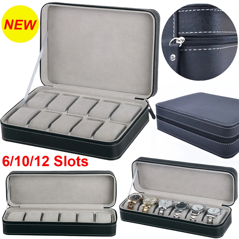 

New 6/10/12 Slots Portable Leather Watch Box Watch Organizer Jewelry Storage Box Zipper Easy Carry Men Watch Box ElMejor Regalo