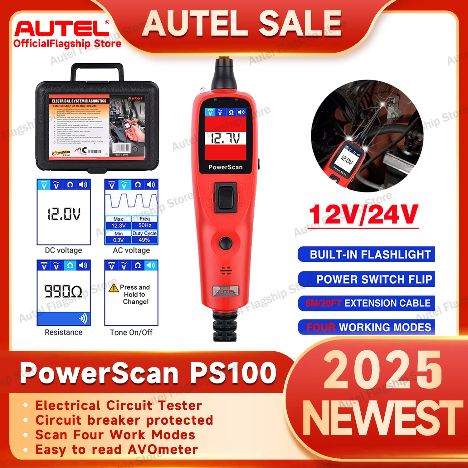 Autel PowerScan PS100 Electrical System Diagnosis Tool Circuit AVOmeter Tester 2025 With Flashlight Four Work Modes auto diagnostic scanner,circuit tester