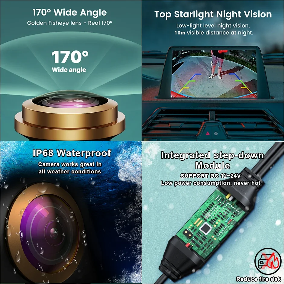 VW 배지 플립 엠블럼 로고 핸들 스위치용 후방 백업 카메라 교체, 특수 5 핀 HD AHD 1080P 170 ° 어안 렌즈