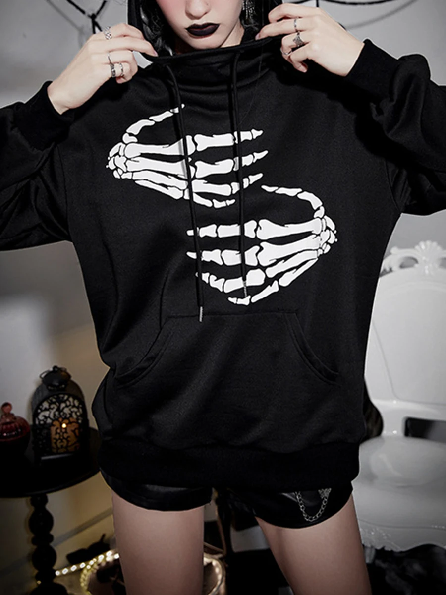 

Men Women Gothic Hoodie Long Sleeve Skeleton Hands Print Hooded Sweatshirt Fall Tops with Pocket