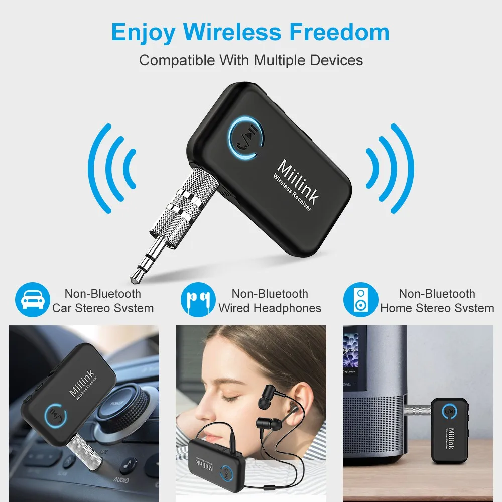 1Mii ML100 Bluetooth-compatible 5.0 Receiver Car With Mic 14H Long Battery 3.5mm Aux BT Adapter for Car Headphone Speaker