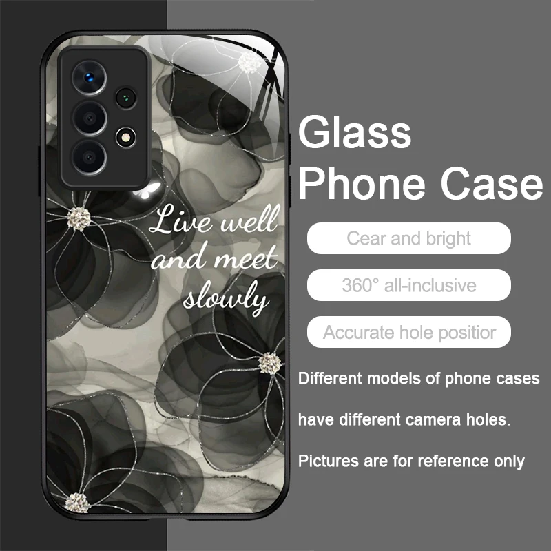 Luxury Black Rose Flower Graphic Tempered Glass Phone Case Cover