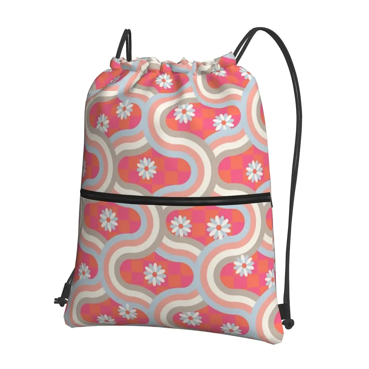 

Retro Wavy Geometric Stripes And Flowers Portable Backpacks Drawstring Bag Drawstring Bundle Pocket Storage Bag For Travel Sport