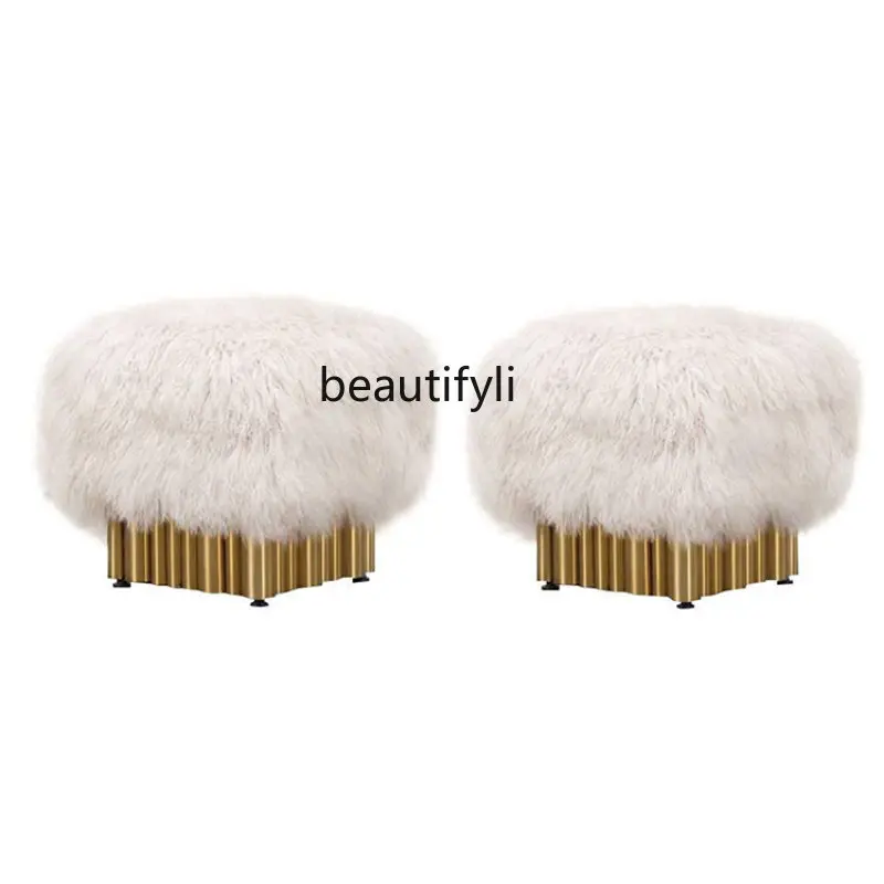 

Designer Wool Fur Shoe Changing Stool Light Luxury Stainless Steel Dressing Stool Living Room Low Stool Strip Sofa Stool