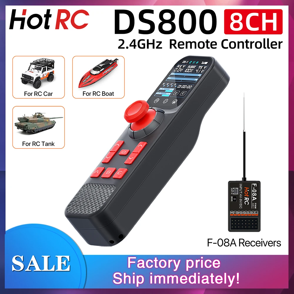 HotRC DS800 Émetteur 8CH 2.4GHz + Récepteur F-08A pour RC