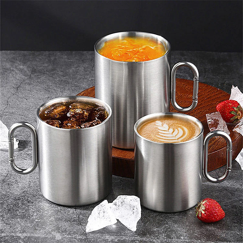 Bicchieri Da Birra Da Campeggio All'Aperto Addensati Tazze Da Caffè Fredde A Doppio Strato Tazza Da Alpinismo Portatile Con Bicchieri A Moschettone