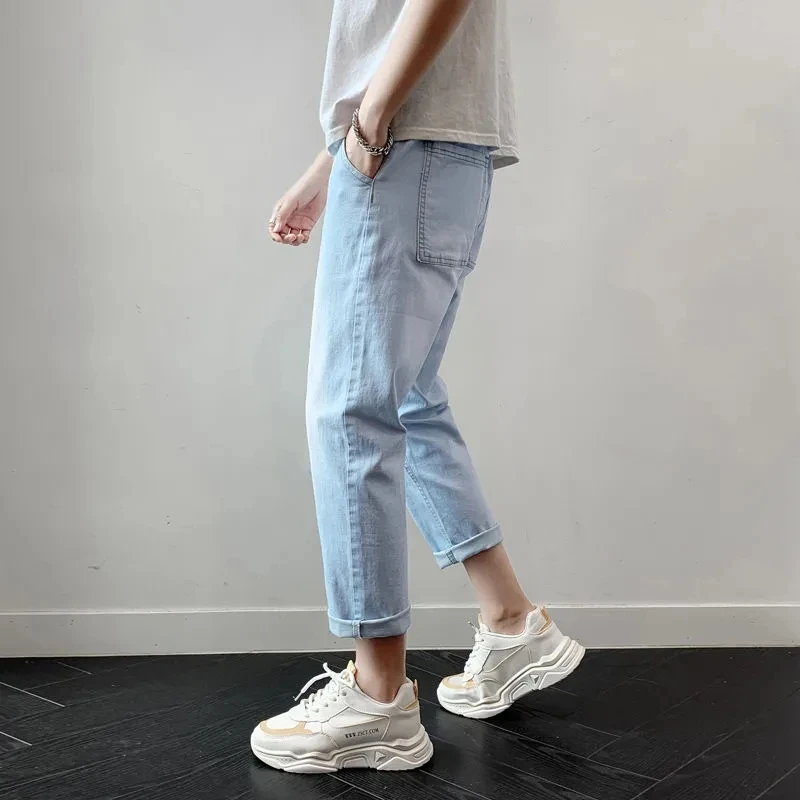 Summer Thin Fashion Men's Jeans 2024 New Korean Loose Straight Student Wide Leg Trendy Men's Elastic Waist Drawstring Pants