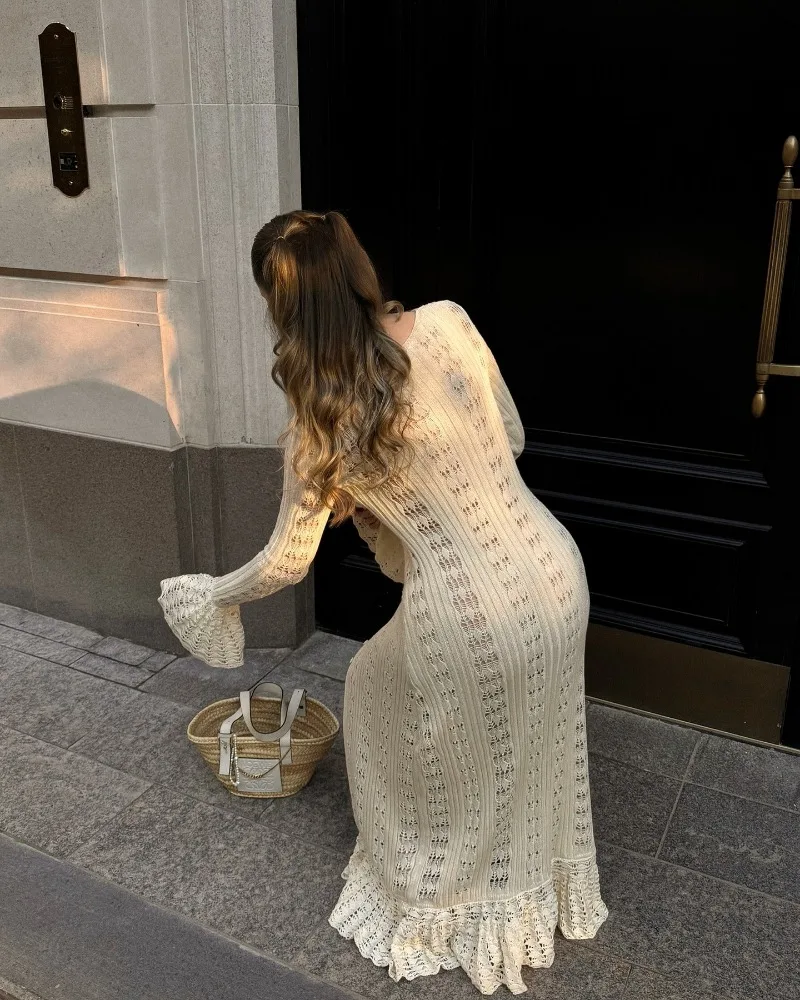 Deep V Neck Long Cardigan Dress - Elegant Hollow Knit Cover Up for Women