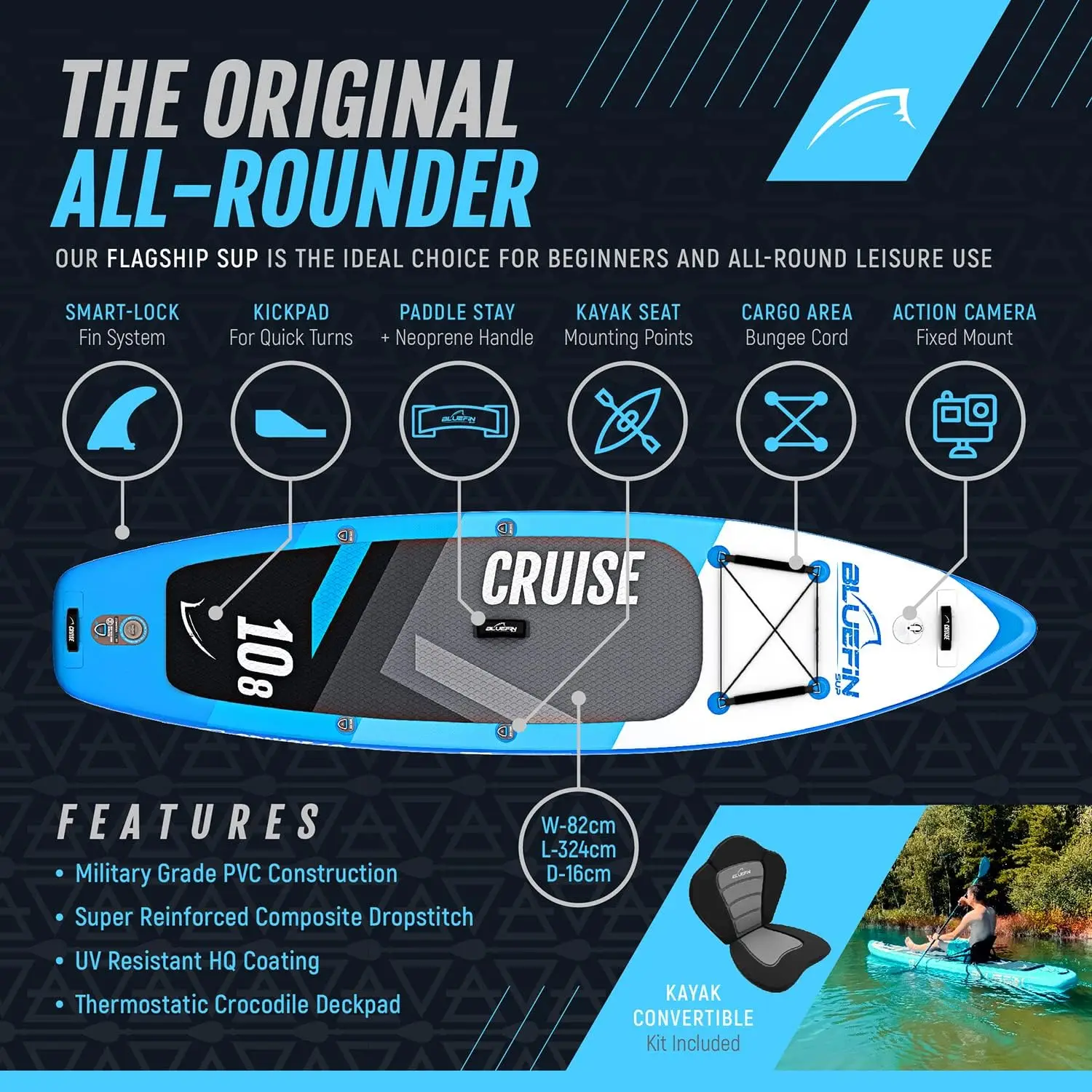 Cruise SUP Boards Premium Stand Up Inflatable Paddle Board Stable Design Non-Slip Design with Paddle &