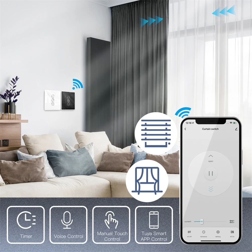 Description Picture 4 of itemMoes Tuya WiFi RF433 2.5D Arc Curtain Switch Glass Touch Panel for Roller Blinds Shutters Switch Smart APP Wireless Remote Alexa