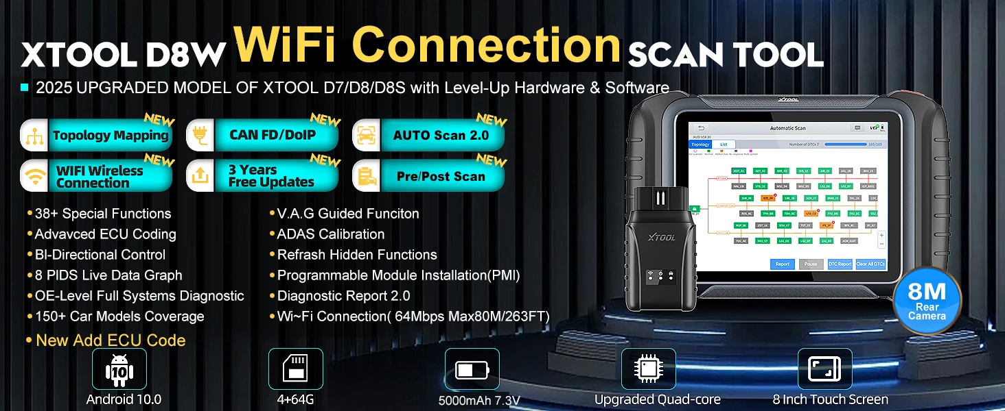 OBD2 Diagnostic Tool XTOOL D8W Bluetooth Diagnostic Tool Automotive Scanner ECU Coding Key Programming