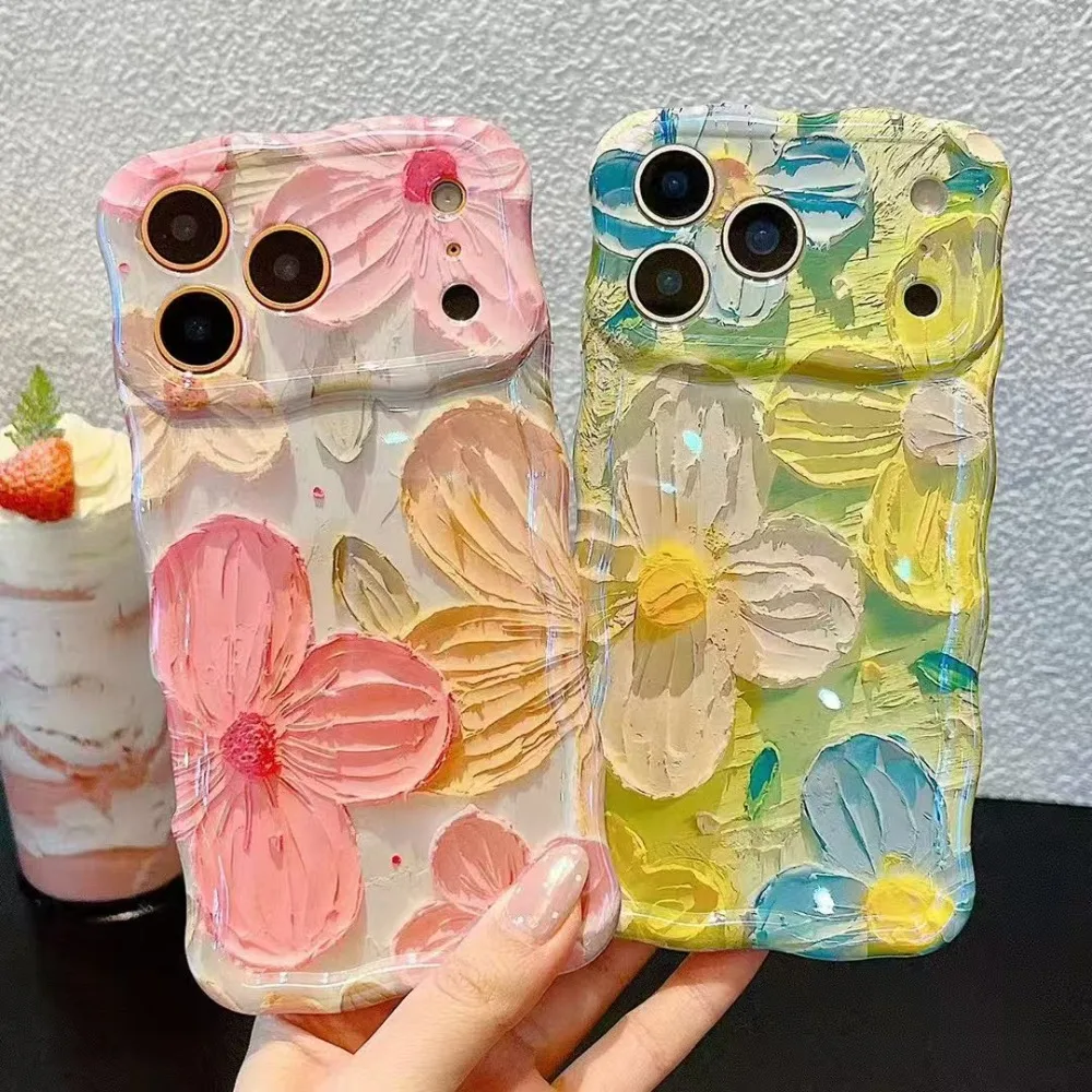 Elegant Retro Oil Painting Floral Wave Case - Glossy, Cute, and Exquisite Design