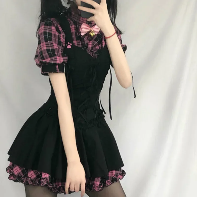 

Summer Dresses For Women Plaid 2023 Kawaii Pink Clothes Short Sleeve Strap Midi Dress Lolita Harajuku Cottagecore Robe Y2K