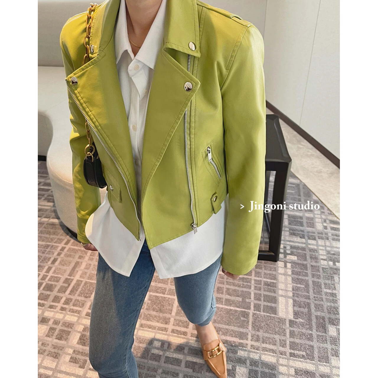 2023 Woman Green Moto Biker Zipper Faux Pu Leather Jackets Blazers Trench Coats Y2k Clothes Raincoats Overcoat Spring Stylish