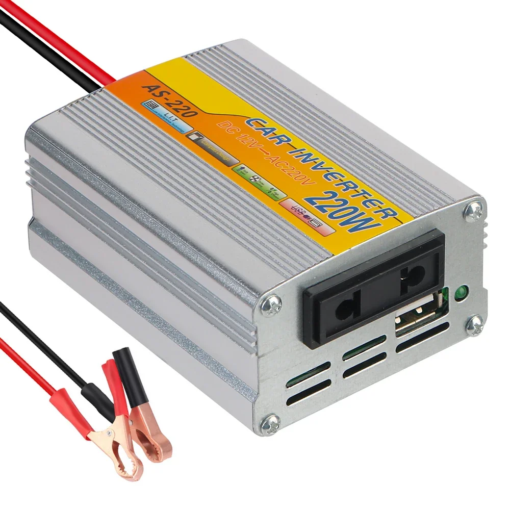 220W Solar Inverter Car Mounted USB Voltage Transformer Portable DC 12V To AC 220V Conversion USB Battery Clip