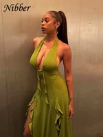 Nibber Appliques Tassel Dress Women Y2K Halter Backless Split Sexy Ruched Elegant Summer Back Ruched Beach Holiday Maxi Bodycon 2