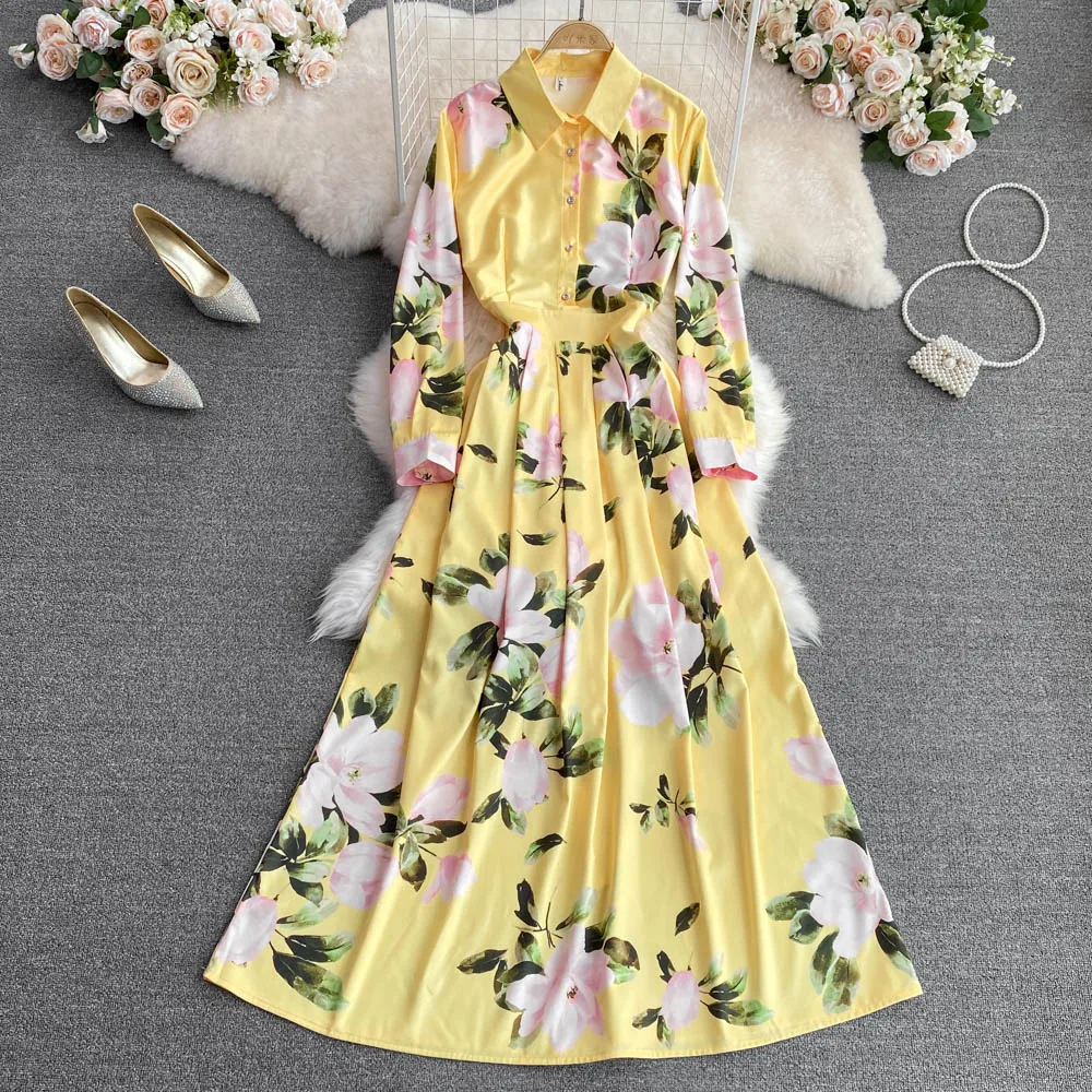

Spring European and American Fashion Waist and Thin Long-sleeved Printed A-line Dress Elegant Temperament Large Swing Long Dress