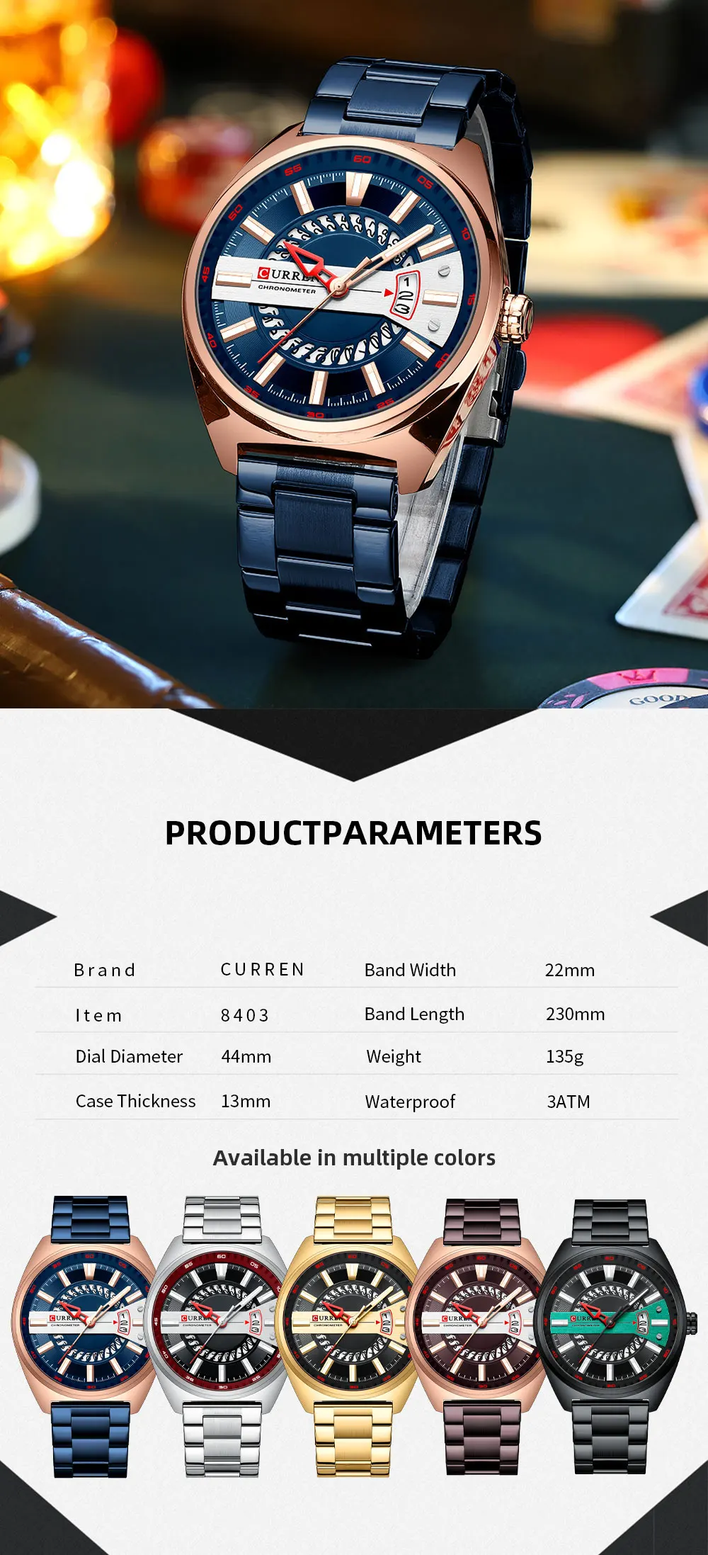 Relógio esportivo casual masculino de pulso azul de aço inoxidável com data automática de quartzo à prova d'água_voghion.com