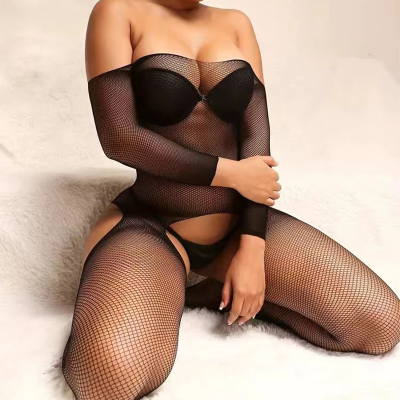 Women Lingerie Women Cosplay Costume Fishnet Bodysuit Crotchless Off Shoulder Full Body Stockings Mesh
