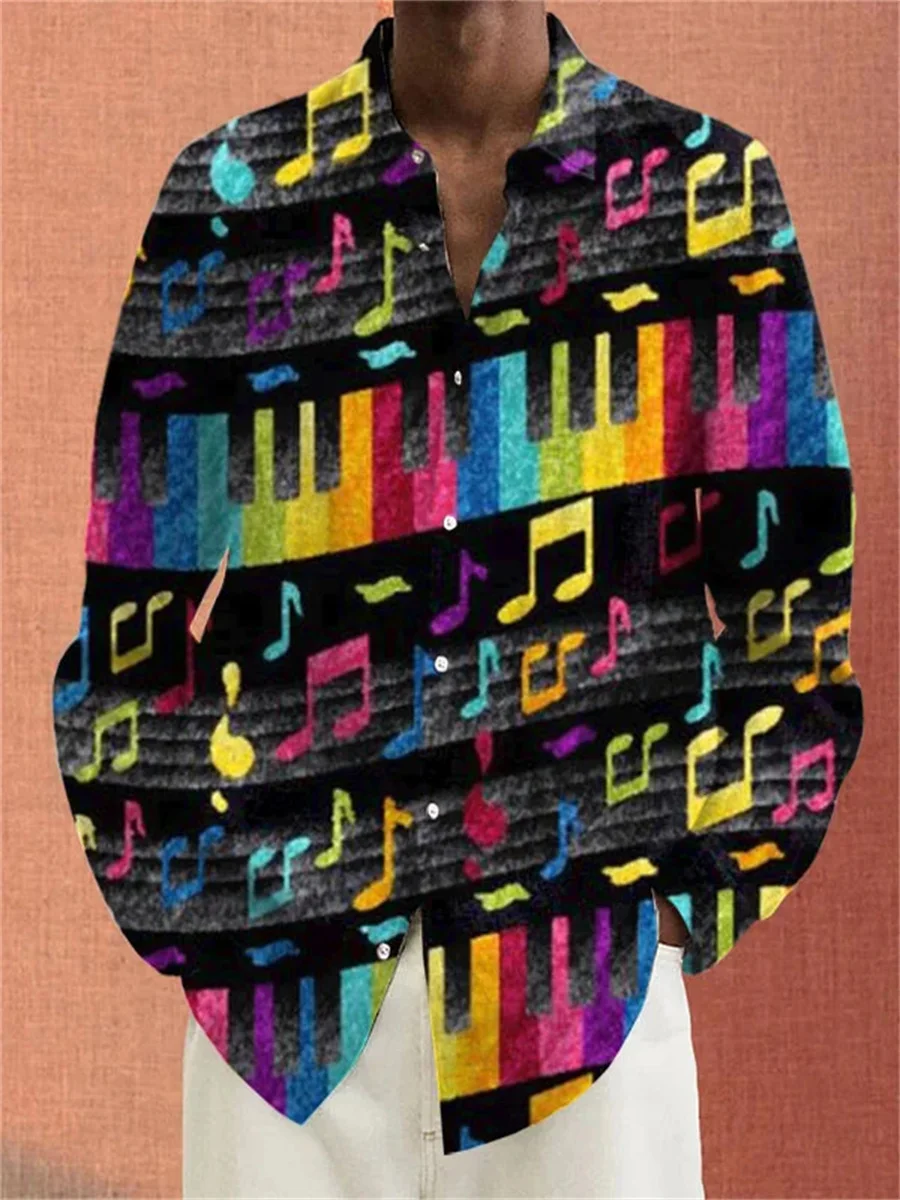 Chemise Homme Manches Courtes Imprimé Notes De Musique - Col Cubain, Polyester Léger, Décontractée - 6