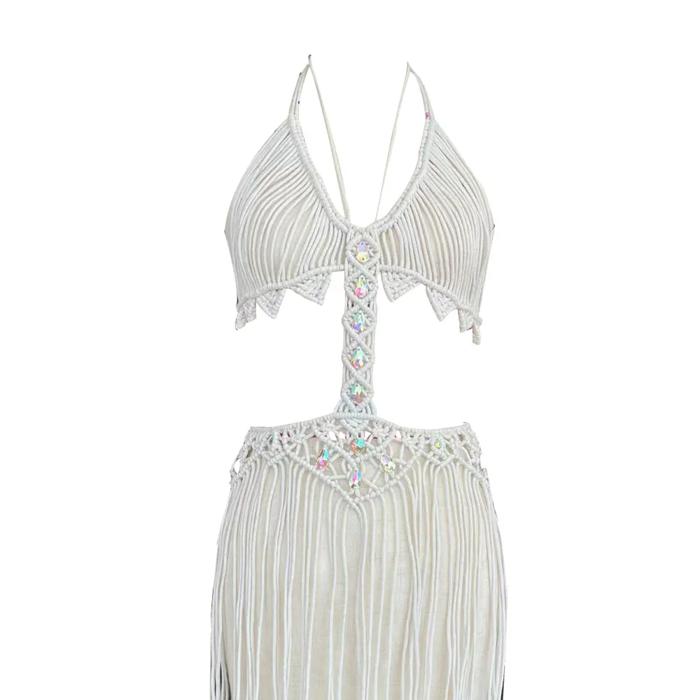 Women Clothing Sexy Solid Color Handmade Knitted Tassel Beach Dress main image 1