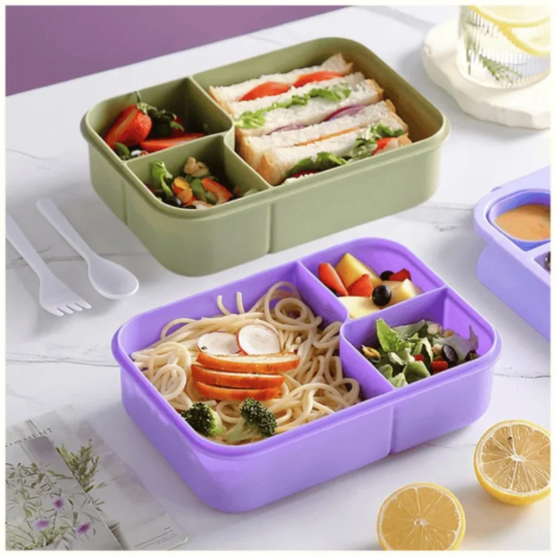 Portable Microwave Safe Bento Box with Fork and Spoon Leak-Proof Square Divider Food Storage Container for Office Lunch Picnic