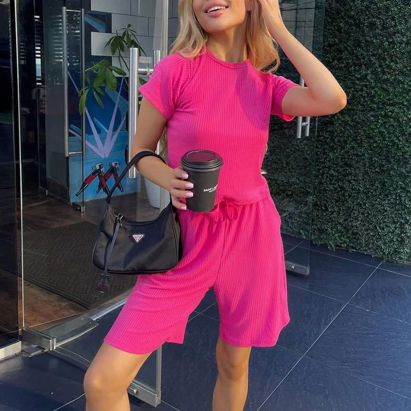 

Женский Повседневный костюм из двух предметов, элегантный свободный однотонный пуловер с круглым вырезом и коротким рукавом и брюки со шнуровкой, летняя одежда