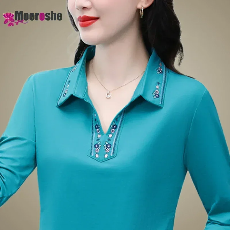 

Elegant Female Blouses Women's T-shirts Embroidered Lapels Polo Shirts Long Sleeve T-shirt Basic Woman Geek Chic Tees Top