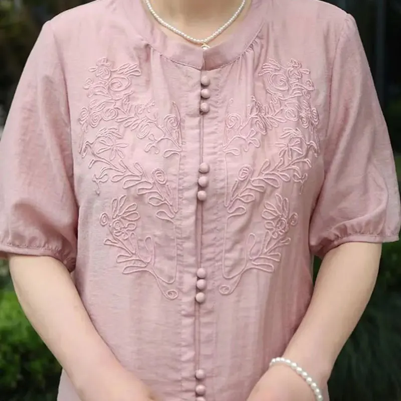 Casual Solid Color Blouse Fashion Embroidery 2024 Summer Single-breasted Female Clothing Round Neck All-match Short Sleeve Shirt