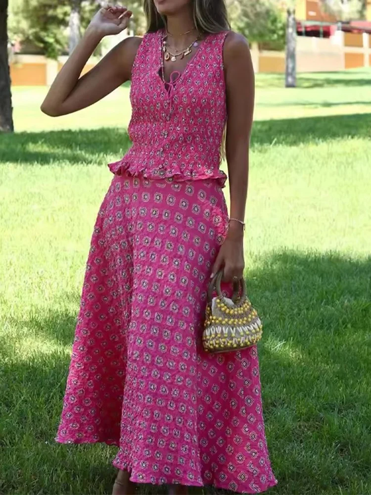 Vintage Printed High Waist Midi Skirts 2 Piece Sets For Women 2025 New V Neck Tied Short Top Holiday Summer Woman Outfits