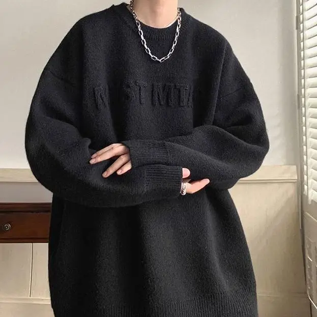 Fashion Autumn Winter Men's Cool Boy Casual Loose Tess Knitted Pullover Sweater Soft Warm Solid  Alphabet
