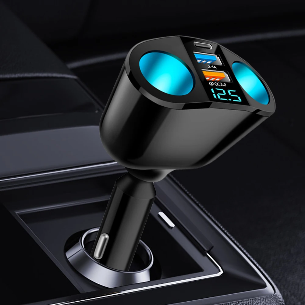 2 USB Charger C Ports PD QC3.0 12V-24V Fast Charging Car Charger Blue Atmosphere Light Phone Charger Socket for Mobile Phone DVR