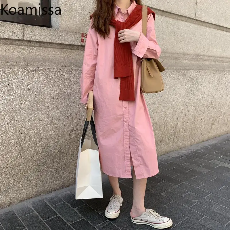 

Koamissa Korean style Fashion Solid Long Dress Casual Turn-down Collar Long Sleeve Women Dresses Elegant Button-up Shirt Dress