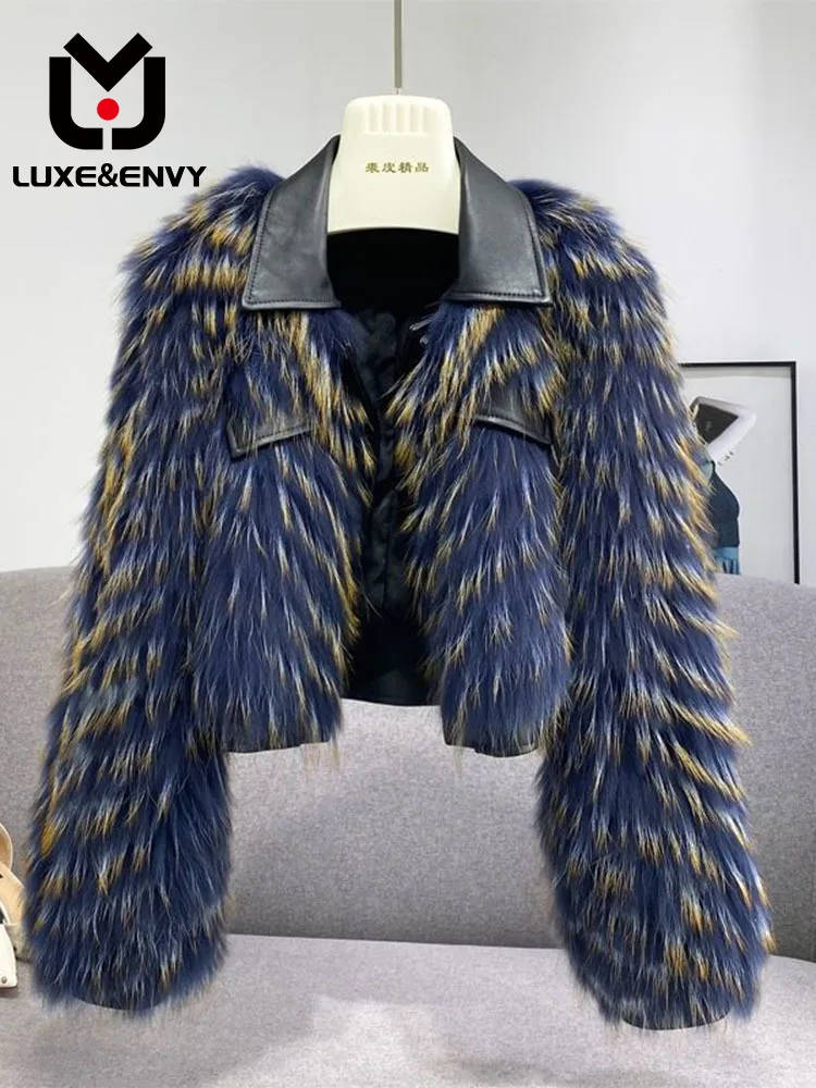 

LUXE&ENVY New Short Sheep Skin White Raccoon Dog Car Strips Crafted Fur Coat Women Winter High Waist 2023 Autumn