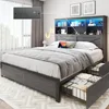 Queen Bed Frame with Headboard, Queen Bed Frame with High Storage Bookcase, 4 Storage Drawers & LED & Charging Station 1