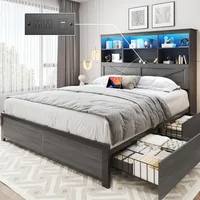 Queen Bed Frame with Headboard, Queen Bed Frame with High Storage Bookcase, 4 Storage Drawers & LED & Charging Station 1