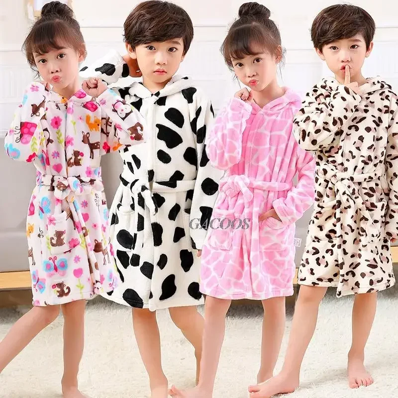 Spring Autumn Boys Girls Bathrobe Long Sleeve Hooded Children Bathrobe Cartoon Leopard Cow Kids Robe Cute Baby Animal Bath Robe