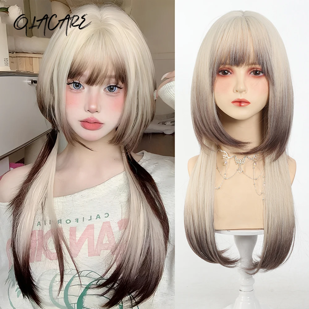 Synthetic Blonde Brown Long Straight Glueless Wig for Women