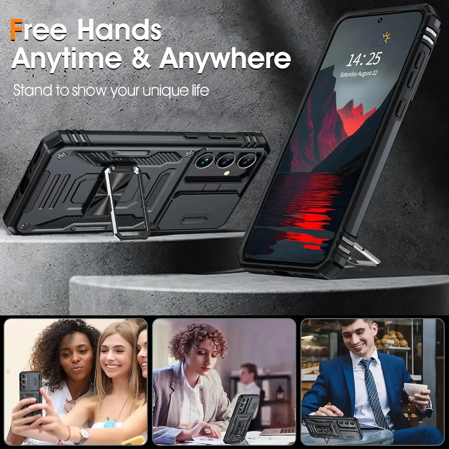 Premium Slide Camera Stand Armor Case with Kickstand and Antifall Protection