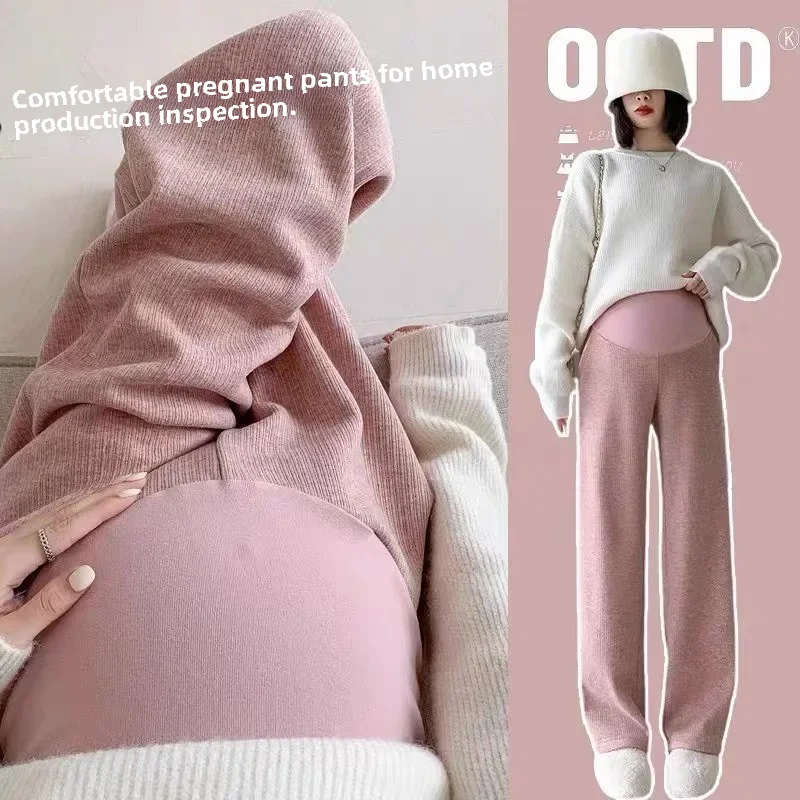 Maternity Pants Spring Autumn Outer Wear Bell Bottoms Winter Fleece-lined Simulated Sheepskin Knit Straight-leg Casual Pants maternity pants