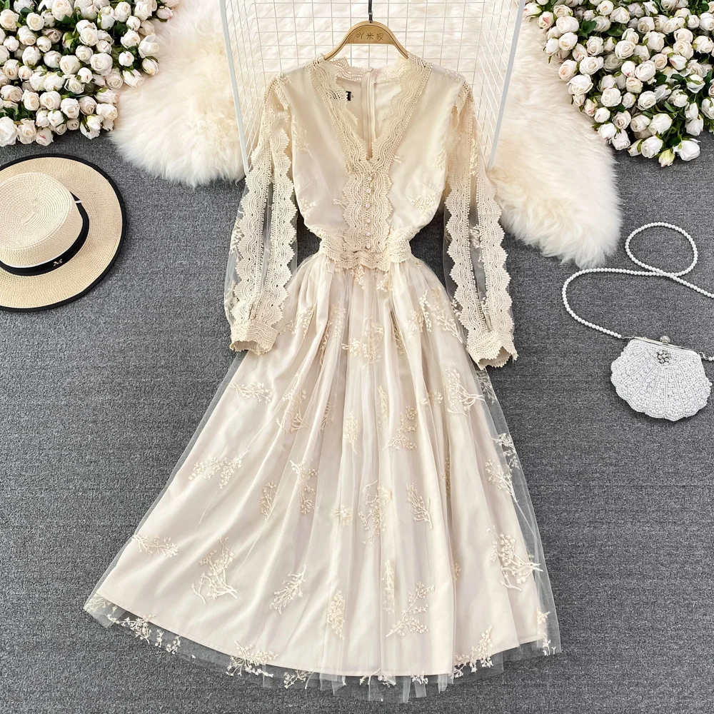 

Fashion Mesh Tulle Lace Embroidery Long Sleeve Midi Women Dress Summer Autumn Clothes Outfits