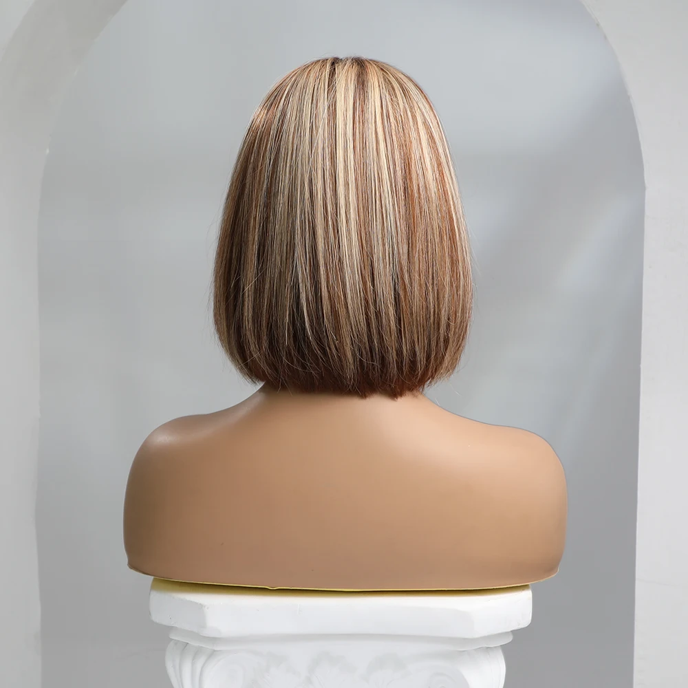 HAIRCUBE Women's Blonde Human Hair Wig with Highlights Blonde Short Bob Wig with Brown Root 13*1 Lace Front Wigs for White Women