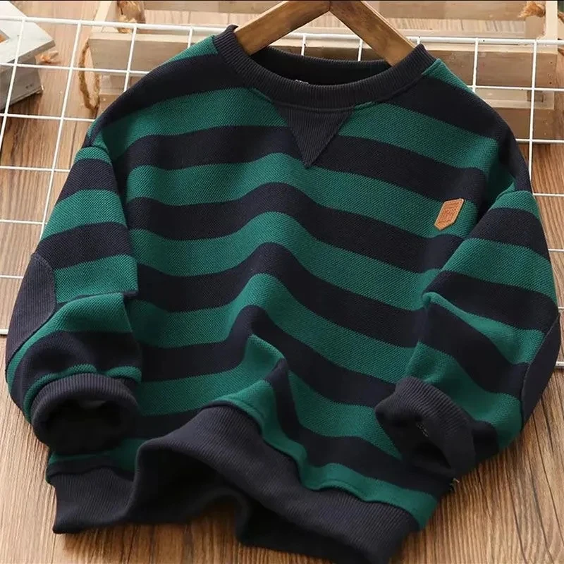 

Teenage Boys' Sweater 2024 Spring and Autumn Children's Casual Top New Big Boy Stripe Loose T-shirt Sweater