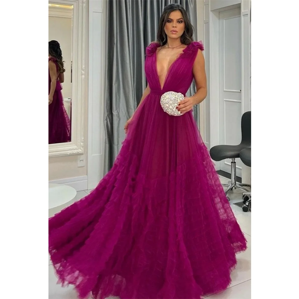 

Cathy Dark Red Prom Dress 2023 Deep V-neck Multi-layer فستان سهرة Sexy Tulle Party Dresses Elegant Sleeveless Vestido De Noche